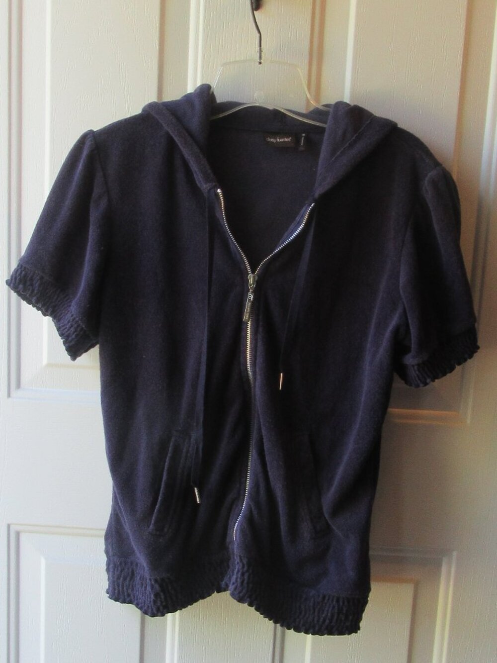 Navy Blue Daisy Fuentes Y2K Terry Short Puff Sleeve Hoody Zip Up Jacket Sz M